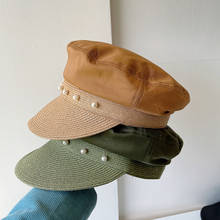 New Sun Hats For Women Pearls Beret Straw Cap Military Hats Patchwork Cotton Summer Beach Hat Anti-UV Packable Visor Cap Gorras 2024 - buy cheap