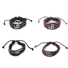 1 pçs preto/marrom pulseira de couro ajustável com cor de prata 3d/om corda encantos pulseiras pulseira para homem 2024 - compre barato