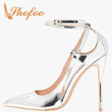 Серебристые туфли-лодочки на высоком тонком каблуке с ремешком на щиколотке Модные женские вечерние туфли с острым носком и пряжкой большие размеры 12, 16, Shofoo 2024 - купить недорого