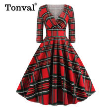 Tonval Plus Size Vintage Dress High Waist V Neck Red Plaid Women Elegant 2020 Spring Long Sleeve Midi Ladies Dresses 2024 - buy cheap