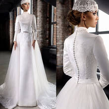 High Neck Muslim Wedding Dresses Long Sleeves Lace Appliques Detachable Train Bride Dress Bridal Gowns Vestido De Noiva 2020 2024 - buy cheap