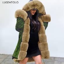 Lugentolo, Женская парка, пальто с капюшоном, осенне-зимние теплые пальто, однотонная длинная куртка с меховым воротником, повседневные парки 2024 - купить недорого