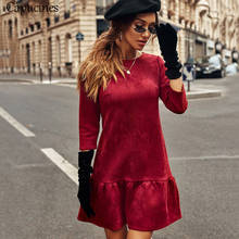 Women's Solid Ruffles Hem Suede Dress Autumn Winter Fashion 2019 Three Quarter Sleeves Round Neck Vintage Mini Dresses 2024 - buy cheap