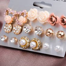 Elegant 9 Pairs/set Women's Pearl Flower Crystal Studs Earrings Girls Elegant Rose Flower Heart Ear Jewelry Gift 2024 - buy cheap