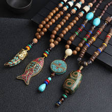 Novo feito à mão nepal colar budista mala contas de madeira pingente & colar chifre étnico peixe longa declaração jóias femininas 2024 - compre barato