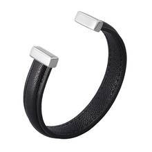 Trendy Couple Jewelry Black Genuine Leather Open Cuff Bracelet Silver Color Stainless Steel Women Bangles Men Wristband PD0989H 2024 - buy cheap