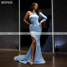 One Shoulder Baby Blue Arabic Evening Dress With Slit Crystal Satin Mermaid Long Formal Dresses Plus Size Women Prom Party Gown 2024 - buy cheap