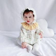 Bebê menina roupas 2 peça babados o-pescoço manga longa floral impressão princesa bebê macacão + chapéu bonito da criança menina queda roupas 0-18m 2024 - compre barato