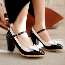 Zapatos de tacón grueso para mujer, calzado de punta redonda con lazo y hebilla, color negro, rojo, morado y rosa, estilo dulce 2024 - compra barato