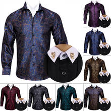 Camisas de seda originais masculinas de manga longa, camisetas com estampa floral de caxemira azul barrbarrbarri. wang para homens, camisas de manga comprida casuais com detalhes de flores na moda do outono 2024 - compre barato