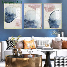 Abstract Blue Watercolor Canvas Paintings Golden Lines Posters Nordic Wall Art Modern Pictures on Canvas Living Room Decoration 2024 - buy cheap