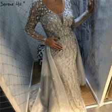 2022 Long Sleeves Diamond Mermaid Beading Formal Dress Dubai Luxury V-Neck Grey Evening Gown Serene Hill BLA70341 2024 - buy cheap