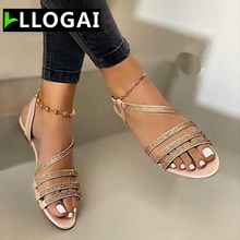 fashion Women's Sandals Casual Ladies Flat Shoes Rhinestones Bling Summer Comfort Cross Slip on Woman Sandalias Female Footwear 2024 - buy cheap