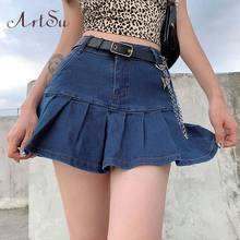 Женская плиссированная мини-юбка сезона Harajuku, летние джинсовые шорты с высокой талией и оборками ASSK81415 2024 - купить недорого