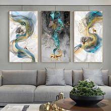 Pintura abstrata de tela de cervo dourado, pôsteres e impressões, arte de parede, quadros de ouro azul, imagem moderna para decoração de sala de estar 2024 - compre barato