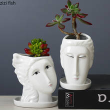 Maceta de cerámica blanca con cabeza humana, flor suculenta, adornos de escritorio, estatua, suministros de jardinería, florero 2024 - compra barato