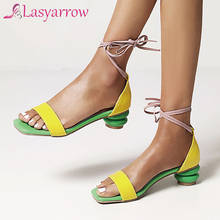 Lasyarrow-Sandalias de tacón redondo con punta abierta para mujer, zapatos de gladiador con cordones, color azul, rosa y amarillo, para verano, 2021 2024 - compra barato