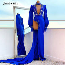 JaneVini Royal Blue Shiny Crystals Mermaid Evening Dresses Long Sleeves V Neck Sexy High Split Satin Evening Gowns Robes Longues 2024 - buy cheap