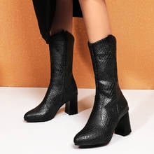 Winter boots White Black Yellow Faux Leather Cowboy Mid-Calf Boots for Women High Heel Boots Snake Print Western Cowgirl Boots 2024 - buy cheap