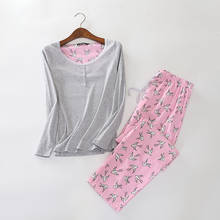 Conjunto de pijama feminino casaco de malha calças de algodão puro primavera e outono pijamas dos desenhos animados manga comprida pijamas tamanhos grandes 2024 - compre barato