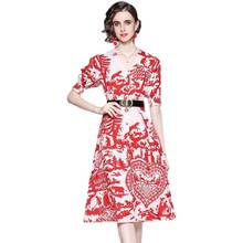 BunniesFairy 2021 Summer Women Vintage Ethnic Red Porcelain Scrapbook Painting Floral Print V-neck Short Sleeve Belted Dress 2024 - buy cheap