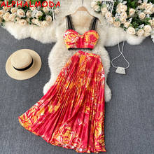 ALPHALMODA Holiday StylePadded Lace Strap Vest Camisole + High Waist Pleated Skirt Women 2pcs Summer Suits Beach Skirt Set 2024 - buy cheap