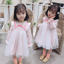 DFXD/2020 Весна новое поступление корейский стиль хлопковая футболка с длинными рукавами в стиле «принцесс» кружевные вечерние платье для девочек, детей трикотажное бальное платье От 2 до 7 лет для маленьких девочек одежда для детей 2024 - купить недорого