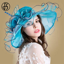 Fs chapéu de sol feminino 2021 azul flor grande borda kentucky derby chapéus para casamento igreja fedora festa chapéus organza fedora 2024 - compre barato