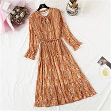 Chiffon Dress Autumn 2020 Spring New Loose Large Size Pleated Chiffon Long Sleeve Printed Female Round Neck Dress 923 2024 - buy cheap