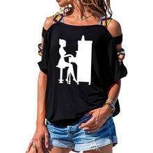 womens Short sleeve Girl Playing Piano Silhouette print T-shirt Summer Fashion t shirt women's Sexy Hollow Out Shoulder shirt 2024 - buy cheap