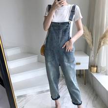 Casual feminino bolsos solto suspender denim geral dungarees nona calças denim macacão 2024 - compre barato