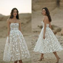 New Short Wedding Dresses 2020 Appliques A Line Strapless Vestidos De Novia Customize Tea Length Boho Bridal Gowns 2024 - buy cheap
