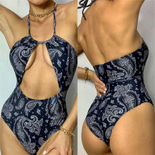 Meihuida roupa de banho feminina, estilo étnico estampado, de uma peça, frente aberta, fora do ombro, cintura alta, roupa de banho, 2021 2024 - compre barato