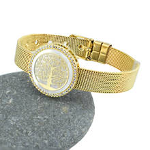 Pingente dourado da moda bracelete feminino zircão árvore da vida com faixas cz pulseira de aço inoxidável para relógio 2024 - compre barato