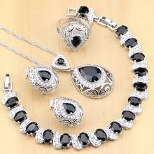 925 Sterling Silver Jewelry Black Stone White CZ Jewelry Sets For Women Earrings Pendant Rings Bracelet Necklace Set 2024 - buy cheap