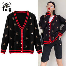 Tingfly Designer Runway Bee Embroidery Crop Knitted Sweater Women Autumn Spring Singel Breasted Knitting Cardigan Fashion 2024 - buy cheap