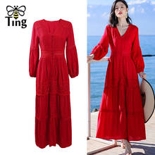 Tingfly Bohemian Singel Breasted Lace Patchwork Red Maxi Long Dress Boho Summer Street Chic Casual Dress Vestidos Robes Zaful 2024 - buy cheap