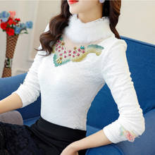 2020 Winter Women Warm Embroidered Diamond Shirt Female Plus Velvet Thick Lace Bottomed Blouse Rabbit Fur Collar Hollow Tops 2024 - buy cheap