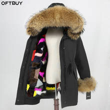 Oftbuy casaco de pele verdadeira feminino, jaqueta de inverno com gola de guaxinim natural e capuz com mangas, parca longa, grossa e quente de marca 2024 - compre barato