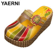 YAERNI Summer Shoes Women Wedge Slides Cover Handmade Toes Flower Thick Heels Genuine Leather Lady Platform Slippers 2024 - buy cheap