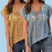 2020 Spring Autumn Fashion Shirt Women Boho Solid Color Short Sleeve V Neck Embroidery Pullover Loose T-shirt 2024 - compra barato