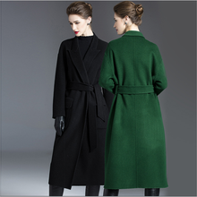 Двухстороннее кашемировое пальто, женские пальто средней длины, зима 2020, новая свободная куртка выше колена, куртки на шнуровке, пальто зеленого цвета 2024 - купить недорого