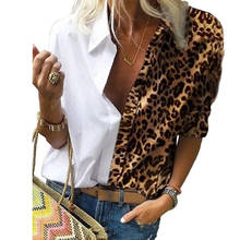 Women Blouse Autumn Winter Casual Turn Down Collar Button Long Sleeve Shirt Leopard Print Patchwork Loose Chiffon Tops Plus Size 2024 - buy cheap