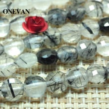 ONEVAN Natural Black Rutilated Quartz Faceted Flat Round Stone Beads Bracelet Necklace Jewelry Making Diy Accessories Design 2024 - buy cheap