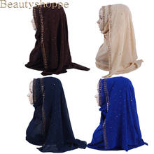 Large Size Square Scarf Muslim Turkish Hijab Pearl Chiffon Head Scarf Women High Quality Plain Shawl With Colorful Rhinestone 2024 - buy cheap
