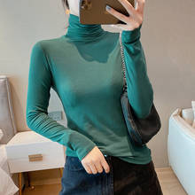 Camisa feminina slim gola alta elástica, camiseta feminina manga comprida outono plus size casual preta 2024 - compre barato