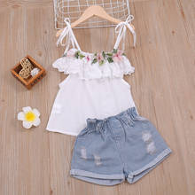 2-7Y Summer Lovely Infant Girls Clothes Sets Flowers Sleeveless Belt Vest Tops Blue Denim Shorts 2024 - buy cheap