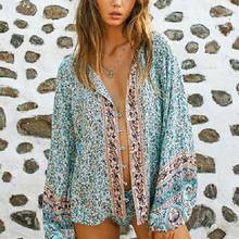 TEELYNN blue floral printed cotton female top blusas lantern long sleeve beach tunic summer blouses casual women  blouse shirt 2024 - buy cheap