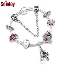 Seialoy pulseira de cristal rosa em forma de coração, moda bracelete feminino, de cor prata, miçangas, brilhante, charme cupido 2024 - compre barato