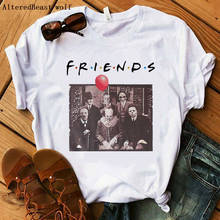 Camiseta horror friends, camiseta feminina engraçada com manga curta estampada para halloween 2024 - compre barato